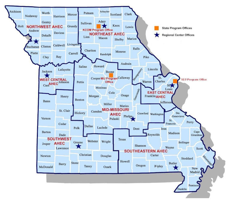 MAHEC Regions Map showing county distributions throughout Missouri